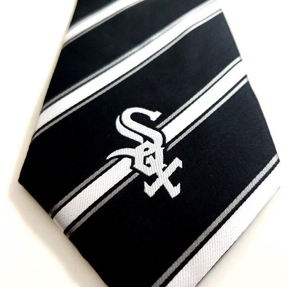 Chicago Whitesox Black White Striped Polyester MLB Baseball Tie - Picture 2 of 6